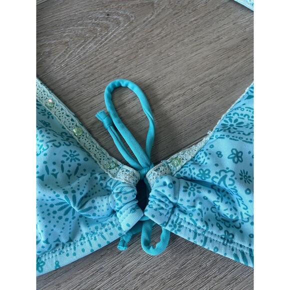 L.E.I. 2 Piece Bikini Paisley Turquoise Lace/Rhinestone Removable Padding Size M - Picture 6 of 9